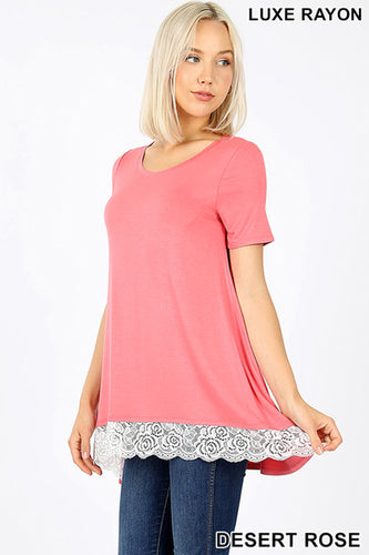 LUXE RAYON SHORT SLEEVE LACE TRIM HI-LOW HEM TOP
