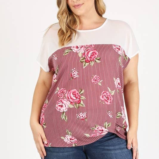 Plus Size MESH CONTRAST FLOWER PRINT BLOUSE